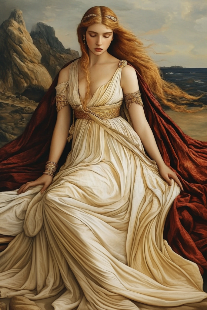 AI portrayal of Ariadne, the Cretan Princess – elegant and adorned in Minoan-inspired attire.