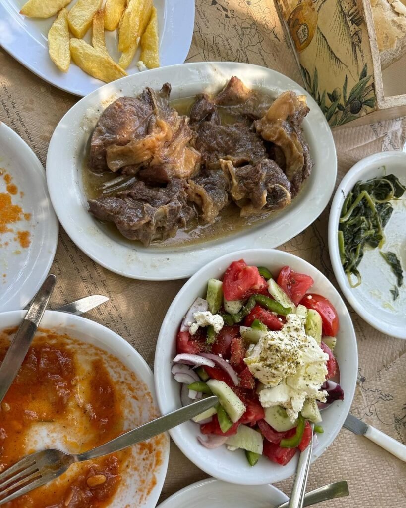 Cretan lunch involving authentic Greek salad topped with myzithra cheese