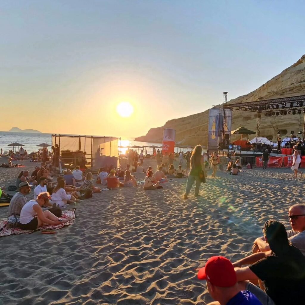 Sunset entertainment at the 2023 Matala Beach Festival in Crete.