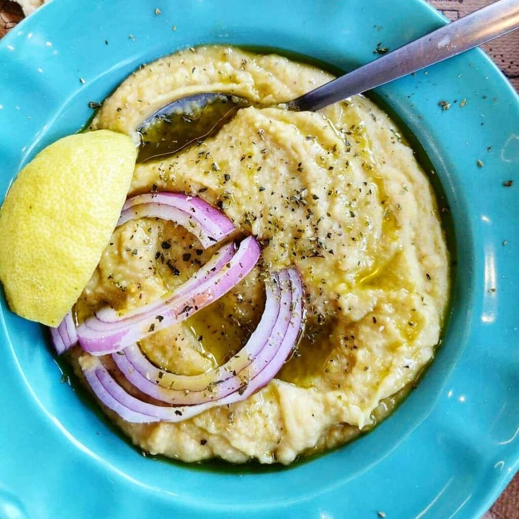 Tasty Greek fava dip drizzled with Cretan Olive Oil.