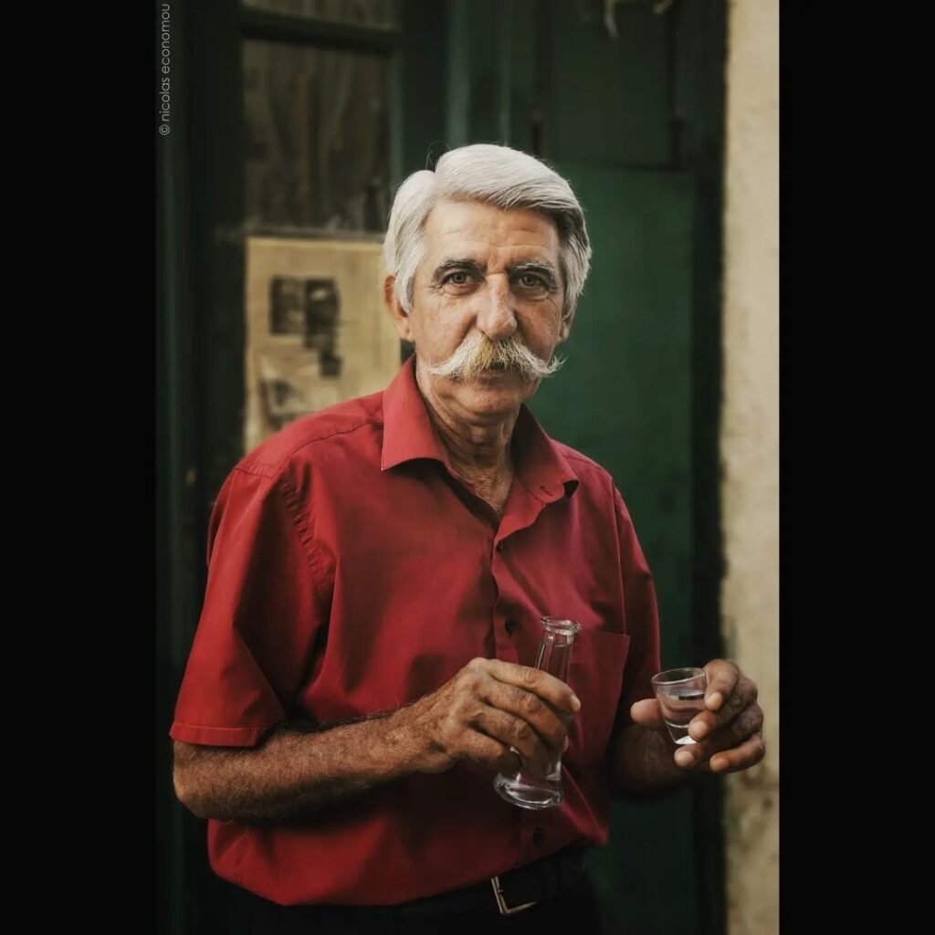 The people of Crete. Mr Nikos, Taverna Diporto, Rethymno, with some homemade Tsikoudia. 