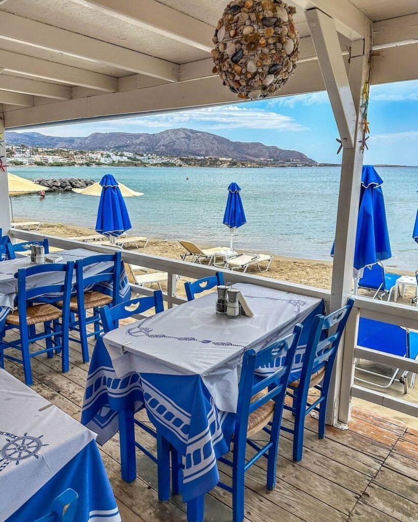 Traditional Greek beachfront taverna in Crete, Greece. 