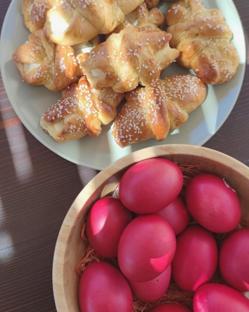 Holy Week tradition in Crete, homemade tsoureki (sweet Easter bread) and dying eggs, Cretan Easter.