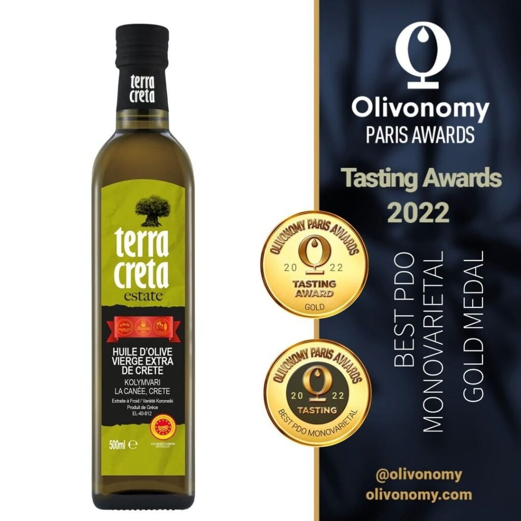 Two gold prices for Terra Creta Extra Virgin Olive Oil PDO Kolymvari, in Olivonomy Paris Awards 2022. 