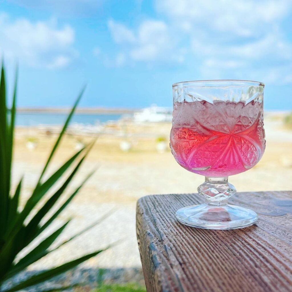 Watermelon Cretan raki at Malia Seaside Port. 