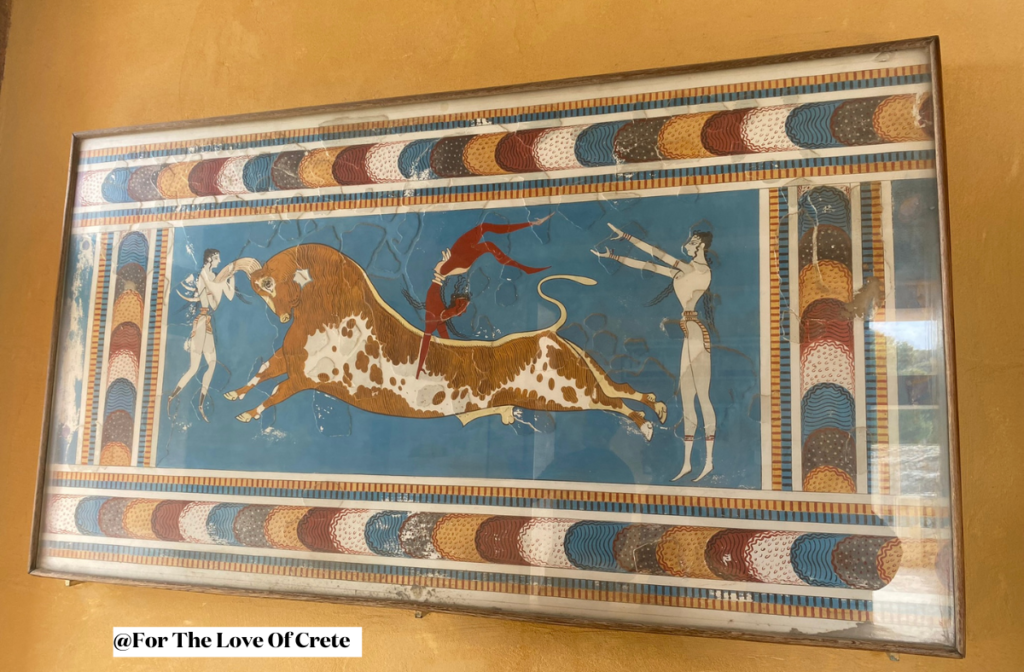 The famous Bull-Leaping Fresco (c.1450 BC) from Knossos shows three figures performing dangerous acrobatics over a charging bull, highlighting the Minoans' extraordinary athletic and artistic achievements.