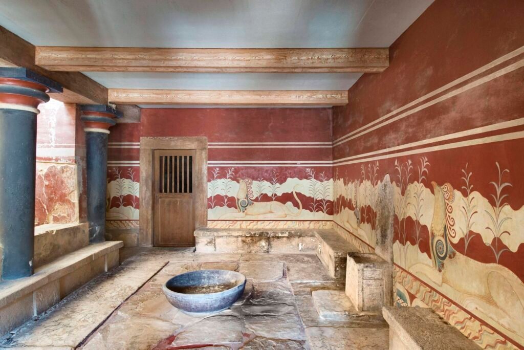 The Throne Room at the Minoan Palace of Knossos in Crete.