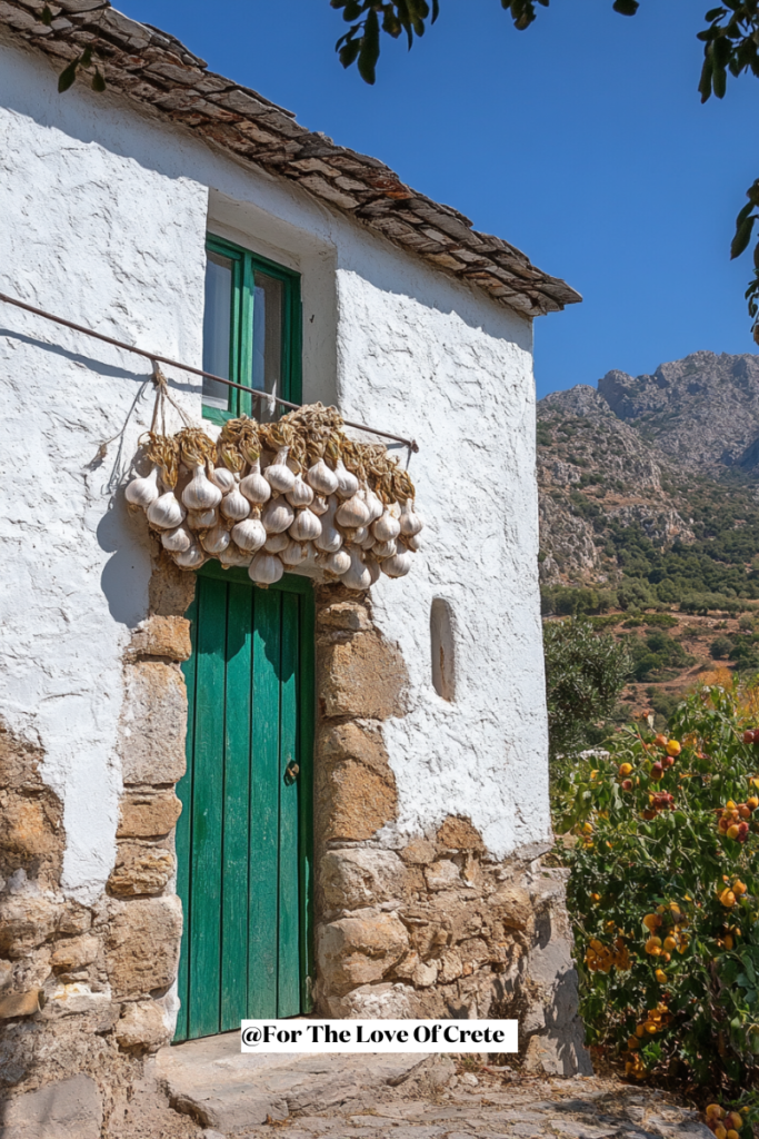 Braided garlic clusters hanging above a doorway in Crete, acts as protection.