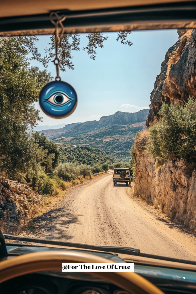 Greek evil eye (mati) hanging on the rearview mirror in Crete, Greece