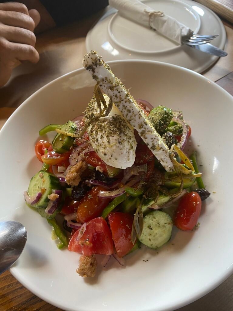 A Greek salad at Milia Mountain Retreat in Chania, made with the tastiest and freshest locally-grown ingredients. 