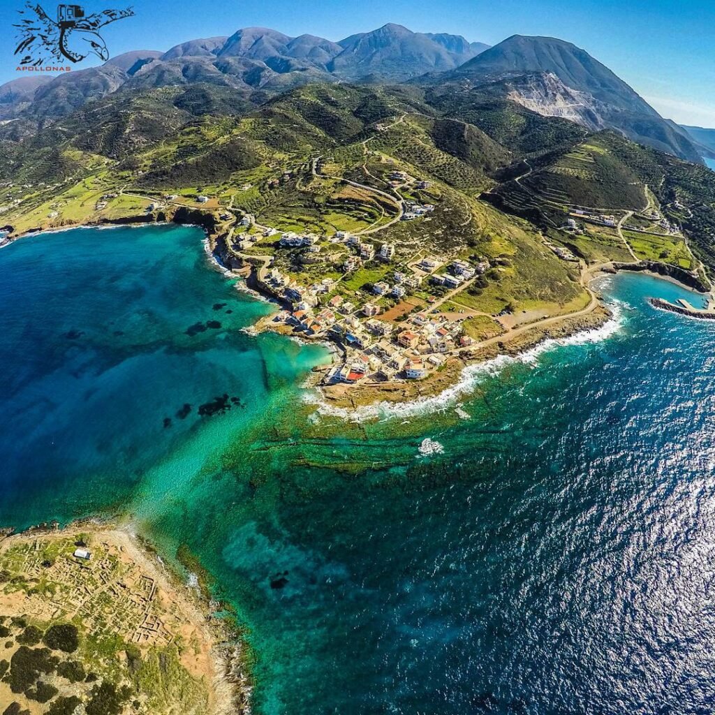 An aerial view of Mochlos village, nestled in the Lasithi region of Crete, Greece.