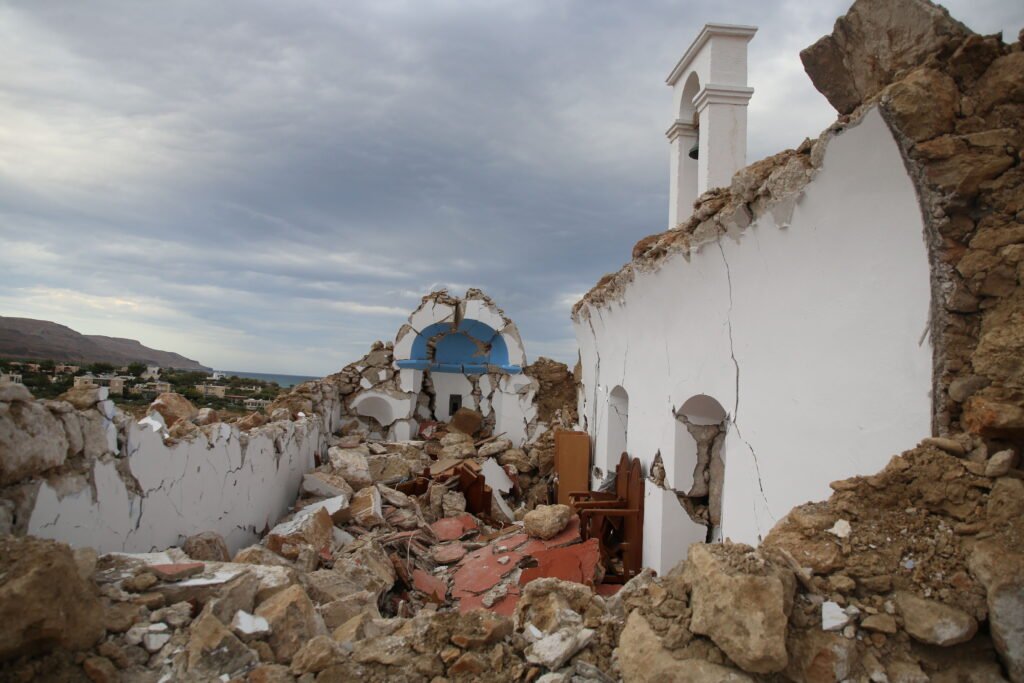 A view of a destroyed chapel following an earthquake in the village of Xerokampos on the island of Crete, Greece, on October 12, 2021. Earthquakes in Crete.