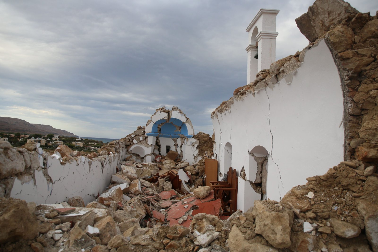 A view of a destroyed chapel following an earthquake in the village of Xerokampos on the island of Crete, Greece, on October 12, 2021