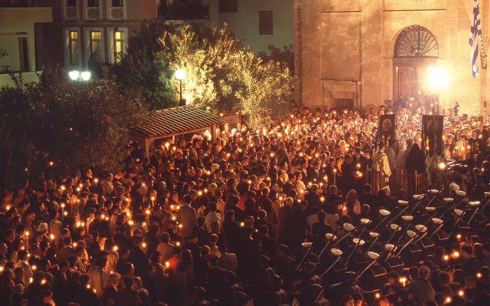 Modern-day Easter celebrations in Crete, showcasing the tradition of candlelit processions. 