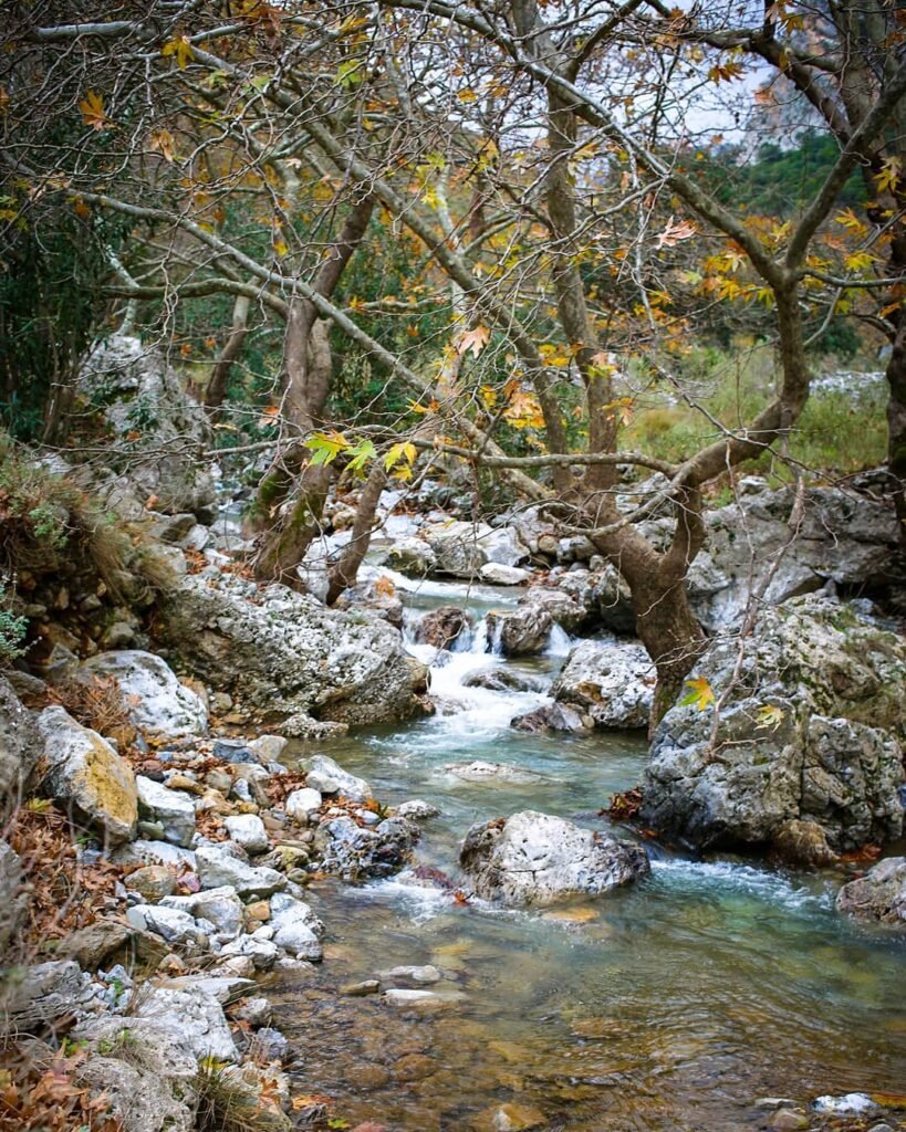 Flowing streams and waterfalls in Sirikari Gorge, Crete.