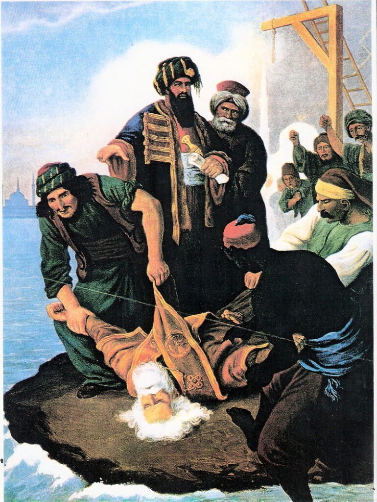 Painting by Peter von Hess depicting the casting of the corpse of Patriarch Gregory V of Constantinople into the Bosphorus. 