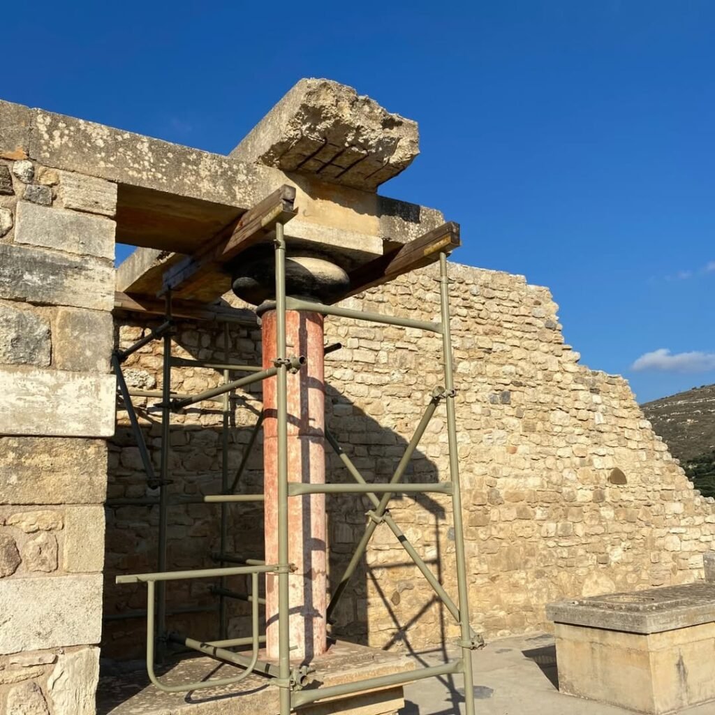 Ongoing preservation work visible at Knossos Palace, where modern scaffolding supports ancient Minoan architecture that will receive further attention through the newly announced €3.5 million investment plan.