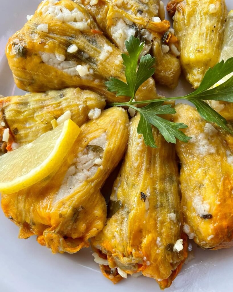 Delicate zucchini blossoms are carefully stuffed with herbed rice and slow-baked until tender, a fragrant and light meze that captures the essence of summer. 