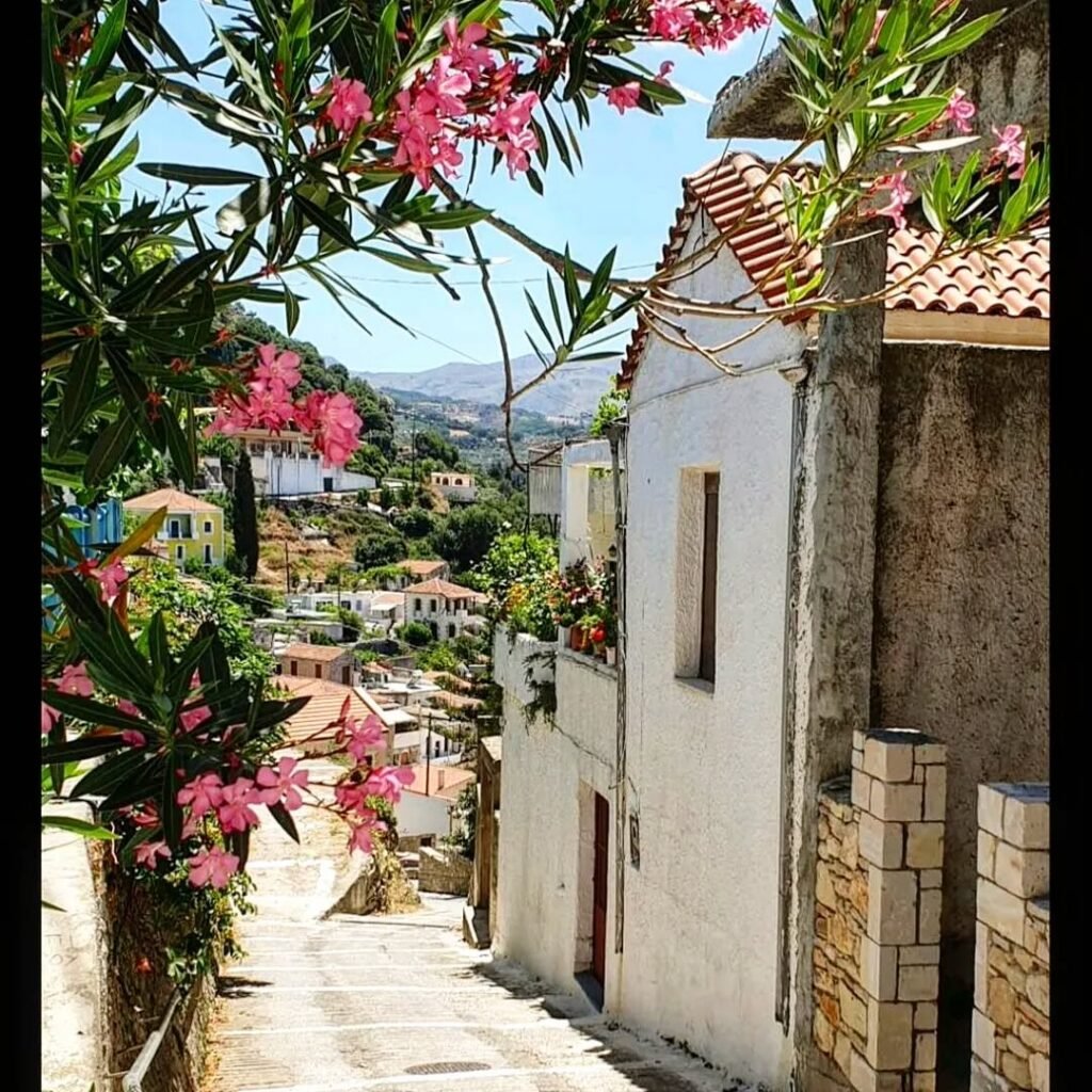 A charming village pathway in Argyroupoli, Rethymno, where oleander blooms frame traditional whitewashed houses—places where Cretan customs and hospitality remain deeply rooted in daily life.