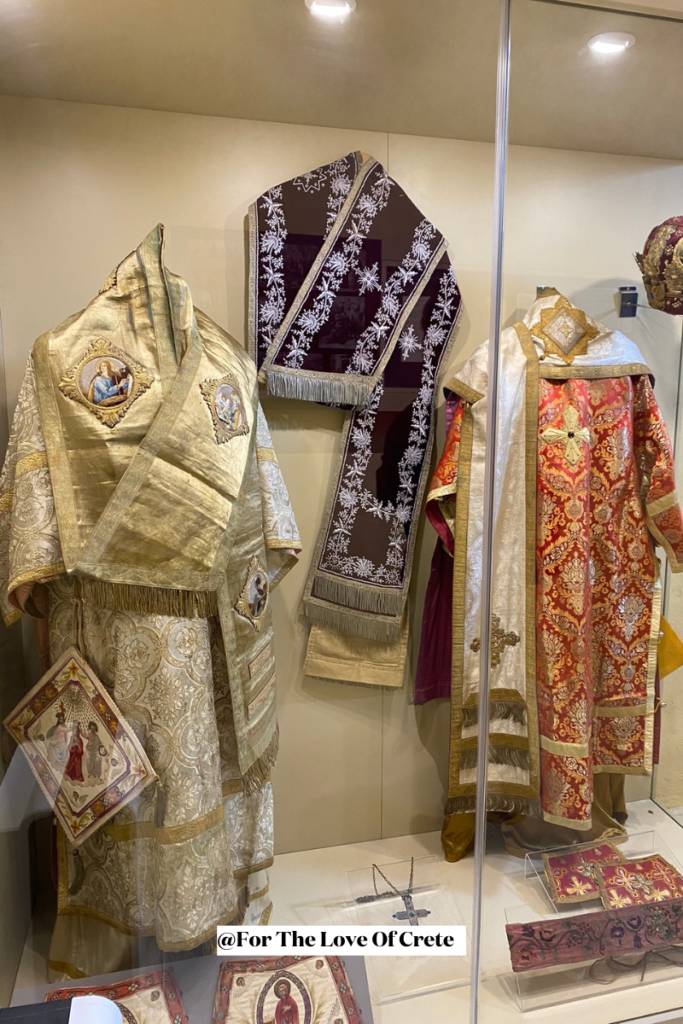 Gold-embroidered vestments from Arkadi’s museum, created with incredible detail by Cretan artisans in the 17th and 18th centuries.
