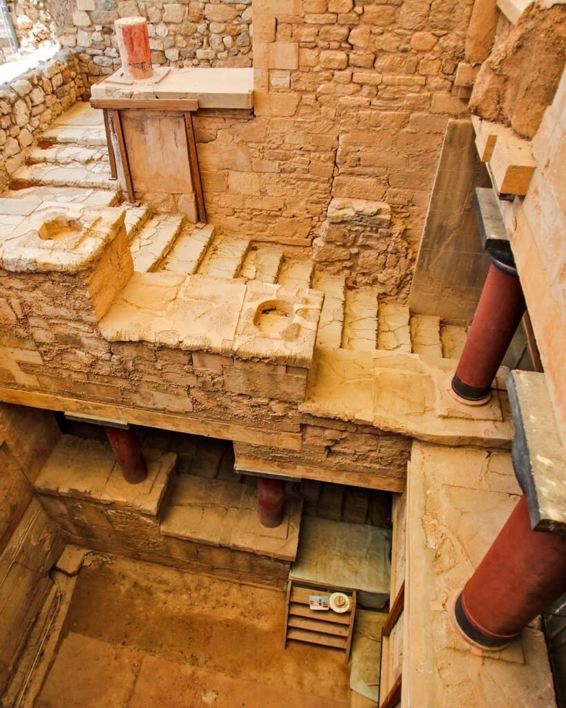 The Grand Staircase at Knossos Palace, Heraklion region, Crete: A stunning example of Minoan architectural ingenuity. As of April 2025, standard admission to the site has increased from €15 to €20. 