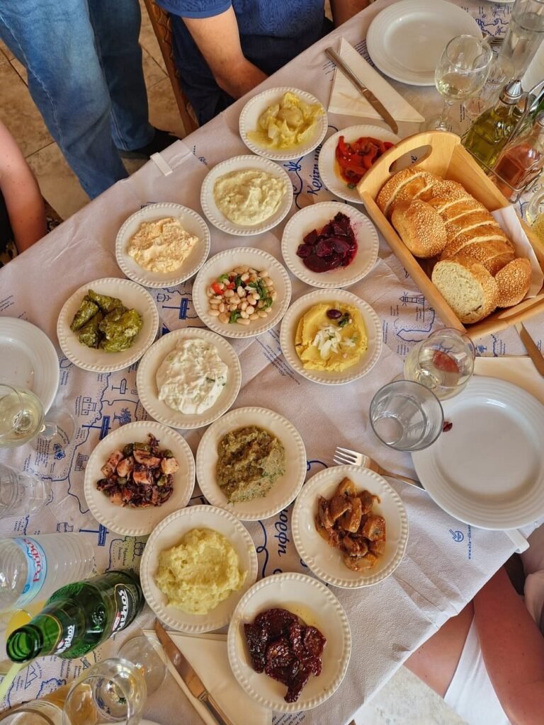 A meze feast at Taverna Cafe Kronio in Tzermiado Village — packed with Cretan dips, veggies, beans, and fresh bread. A perfect way to sample the island’s flavours in the heart of the Lasithi Plateau.