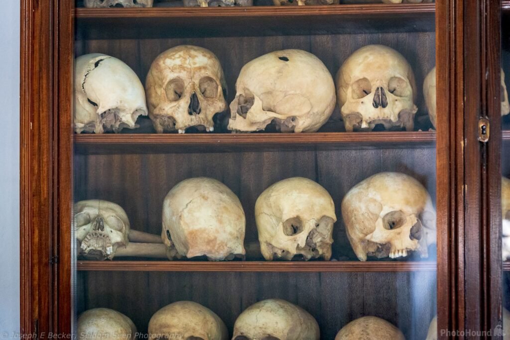 Inside the Skull Room at Arkadi Monastery, where the remains of those who died in the 1866 explosion are respectfully preserved.
