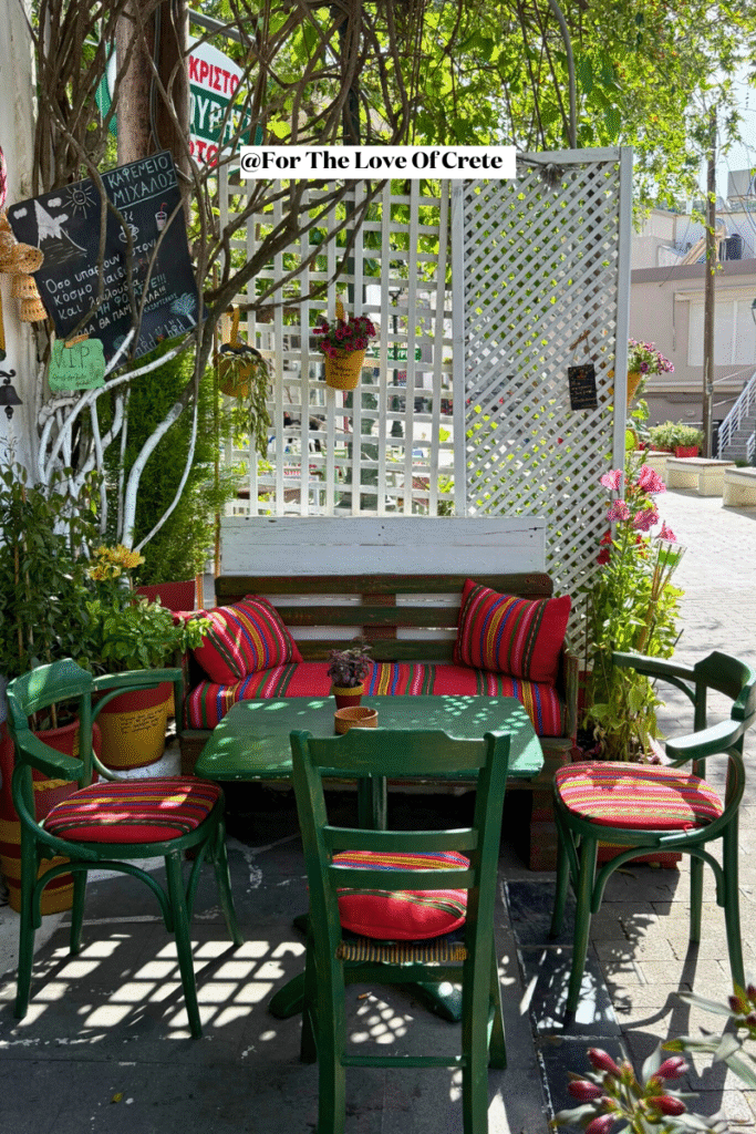 In the heart of Anogeia’s square, this cozy, colorful corner invites you to relax with a coffee or raki, surrounded by the village’s vibrant charm.