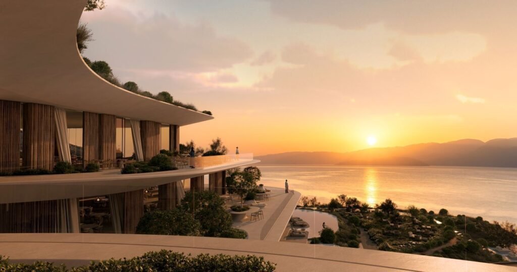 Digital rendering of a proposed Elounda Hills development villa showcasing the modernist architecture and panoramic sea views planned for the 257 branded residences. Photo Credit: news.gtp.gr