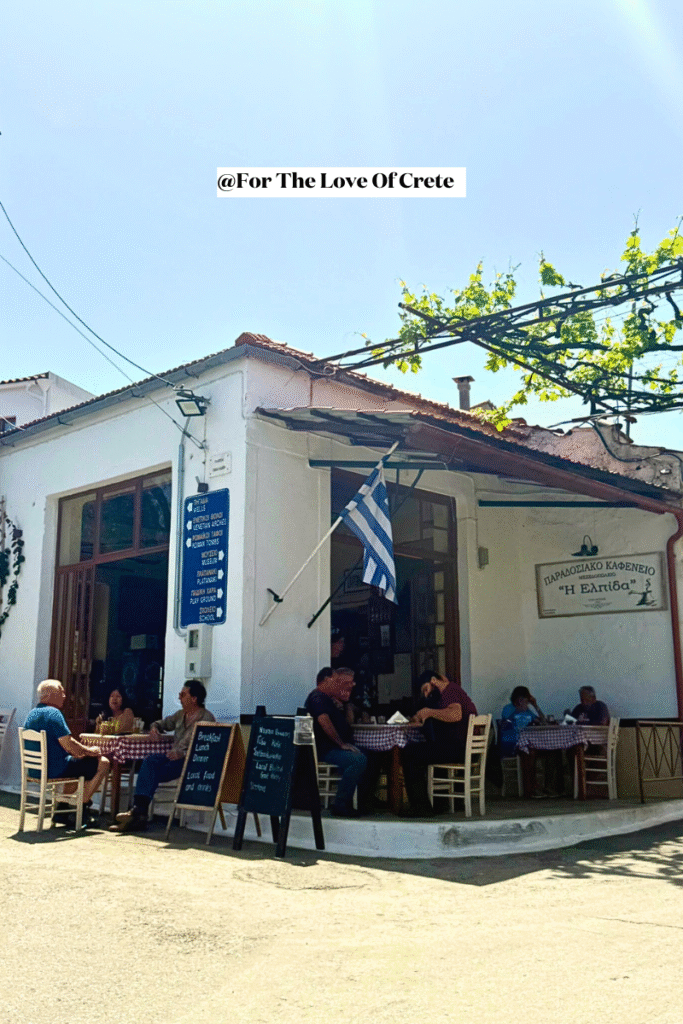 Surrounded by familiar faces, locals gather at the traditional kafeneio in Gavalochori, Crete, for simple meals, coffee, and a taste of authentic village life.