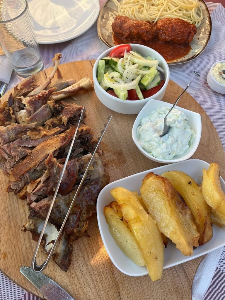 A generous Cretan spread served at Meraki Taverna, Agia Marina, Chania, Crete.