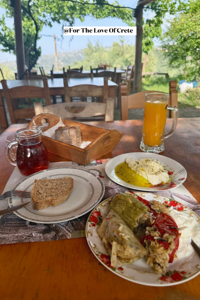 At Ntounias in Drakona, one of Crete's mountain villages, traditional stuffed vegetables, fresh feta cheese with olive oil and Cretan oregano, and house-made bread create an authentic farm-to-table dining experience.