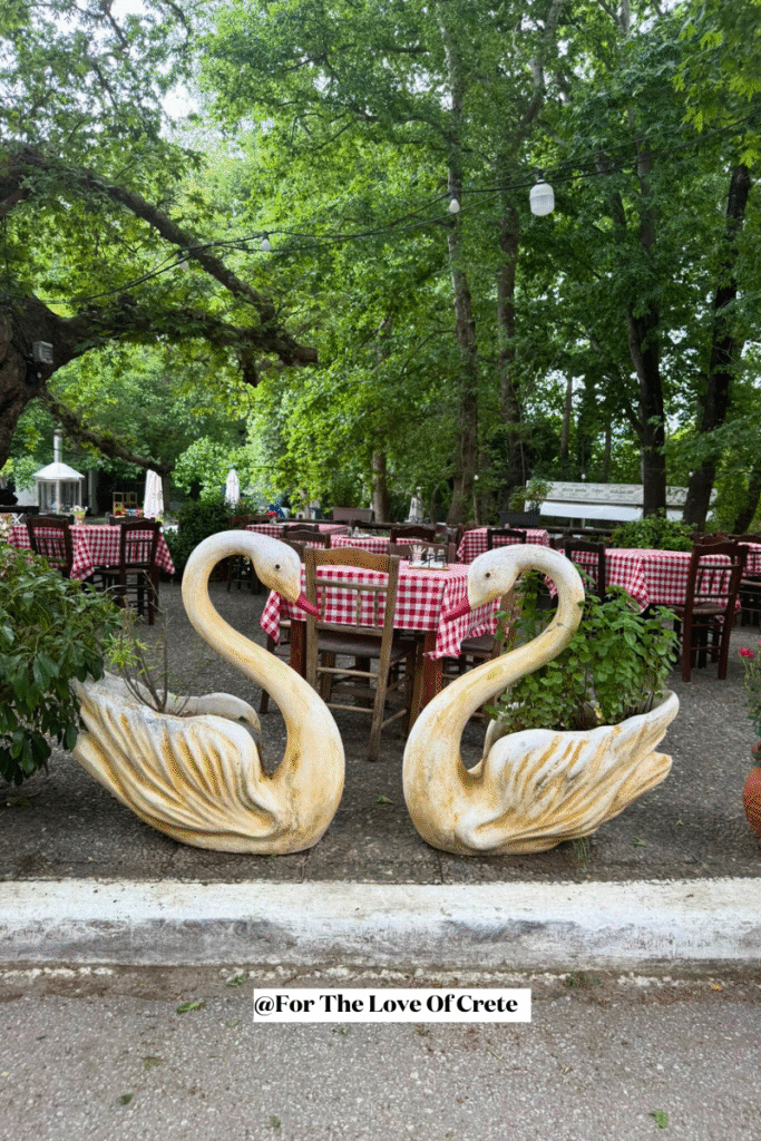 Locals and travelers alike gather at these riverside tavernas in Vrysses, under the shade of towering plane trees, enjoying fresh yogurt, local dishes, and the soothing sound of running water.