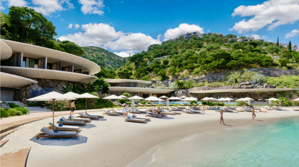 Artist's rendering of the proposed Elounda Hills development showing luxury beachfront facilities planned for Crete's northeastern coast. Photo Credit: sothebysrealty.gr