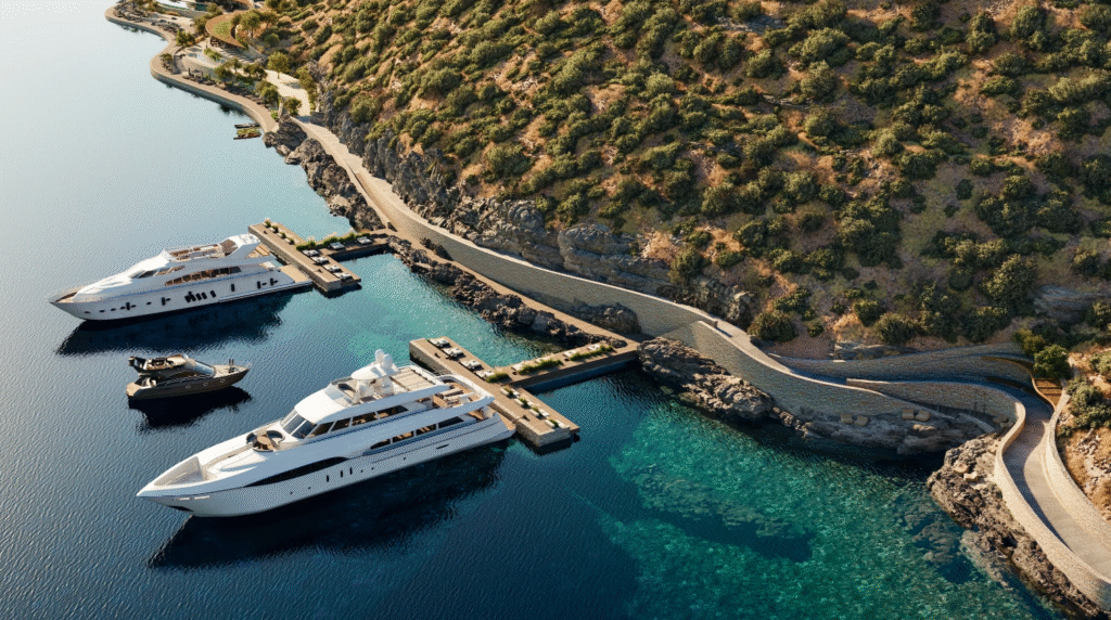 Artist's visualization shows the proposed marina facilities for the Elounda Hills development, featuring luxury yacht berths and coastal infrastructure. Photo Credit: sothebysrealty.gr