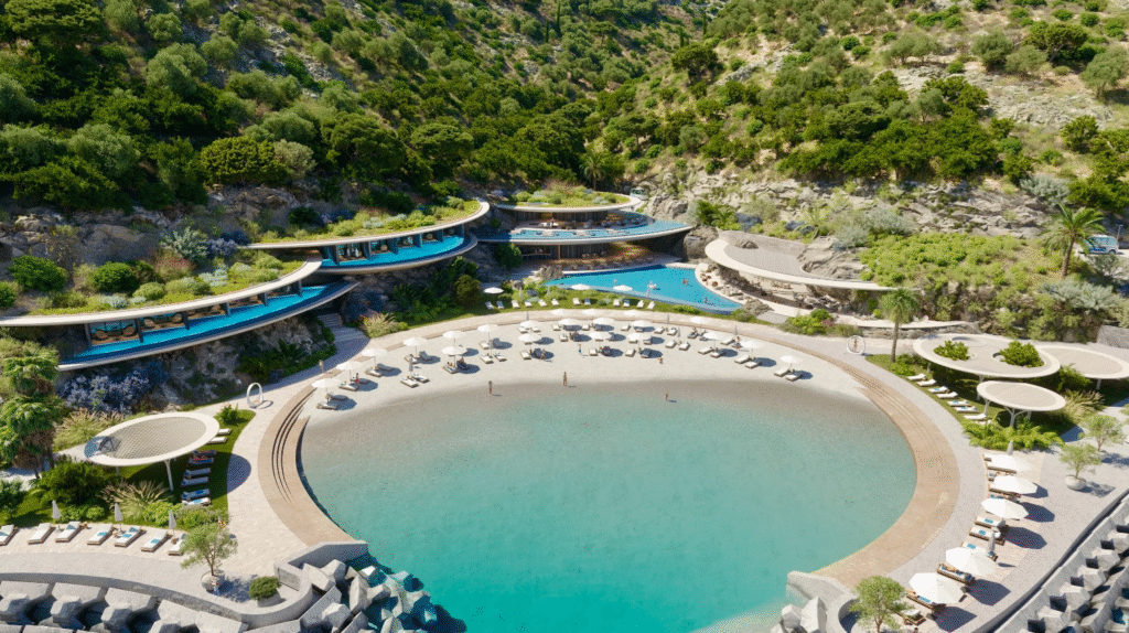Artist's rendering of proposed pool facilities at the Elounda Hills development, featuring desalination-supplied water systems amid Crete's ongoing water shortage concerns. Photo Credit: sothebysrealty.gr