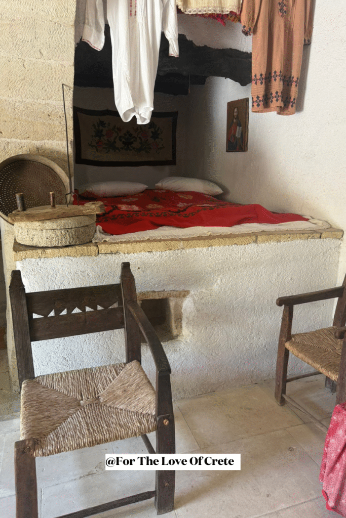 The ingenious wine press-bed combination at the Historical & Folklore Museum of Gavalochori demonstrates the practical creativity of traditional Cretan village life.