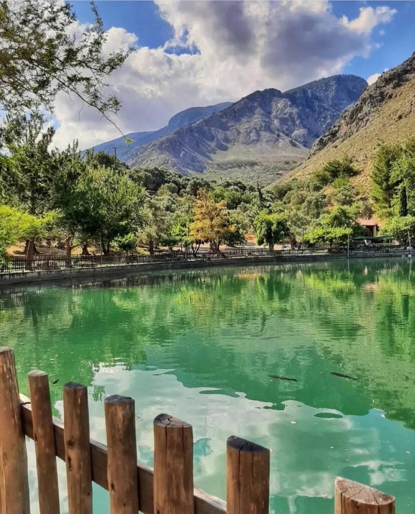 Tranquil Lake Zaros in Heraklion Prefecture, nestled at the foot of Mount Psiloritis.