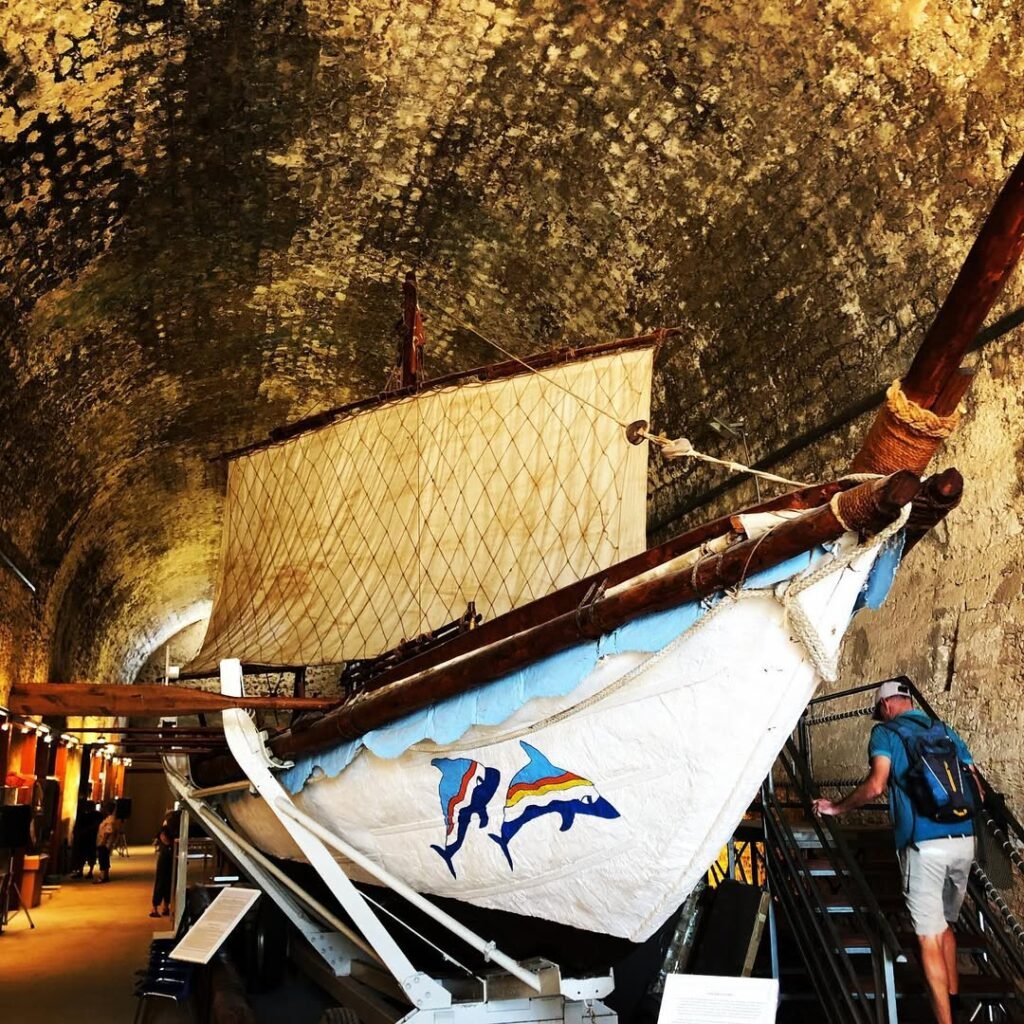 The full-scale "Minoa" ship replica at Chania's Nautical Museum showcases ancient Minoan shipbuilding techniques and successfully sailed from Crete to Piraeus in 2004.