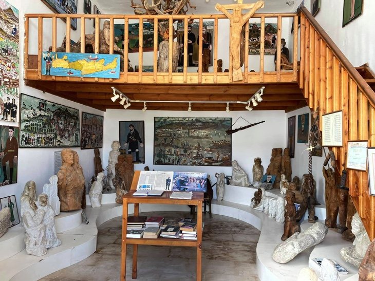 The intimate Alkiviades Skoulas Art Collection in Anogeia displays over 100 works by the late-blooming artist, showcasing sculptures and paintings that capture the resilient spirit of Crete's mountain villages.