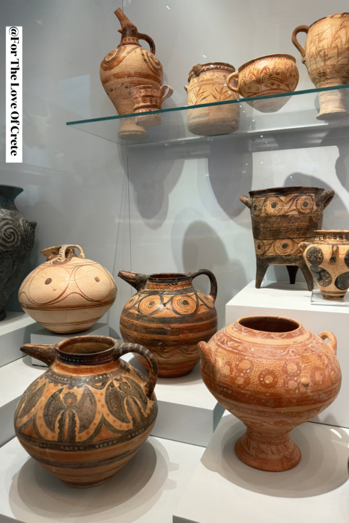 Exquisite Minoan pottery collection at the Heraklion Archaeological Museum displays the sophisticated artistry and craftsmanship that flourished in ancient Crete over 3,000 years ago.