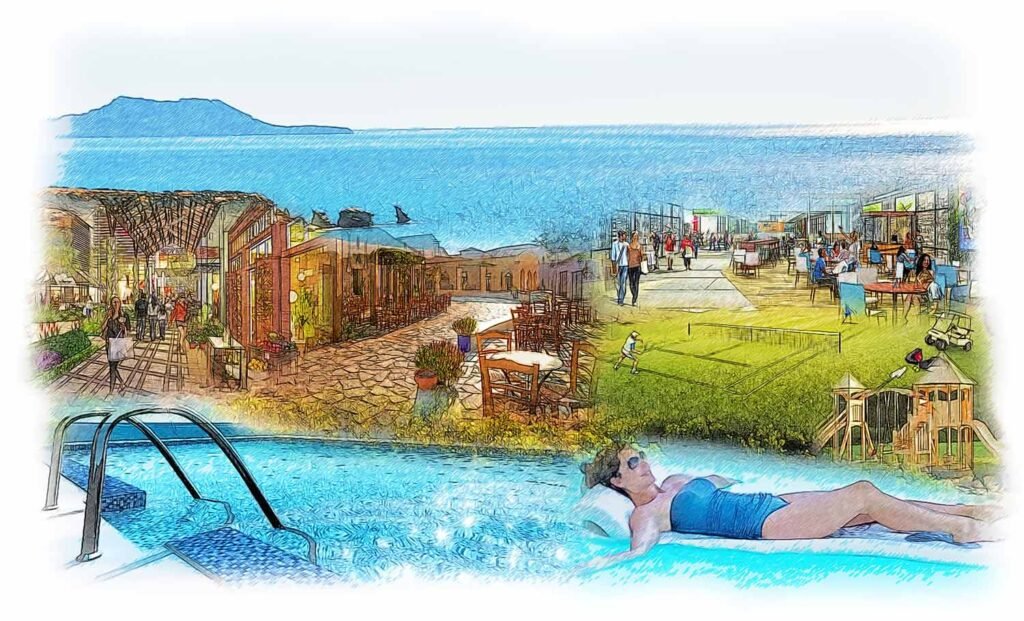Artist's rendering depicts the envisioned lifestyle at Triopetra Bay Resort's village development, featuring pool facilities, dining areas, and recreational spaces designed to accommodate thousands of residents and guests in south Rethymno. Photo Credit: www.emeralddevelopments.gr