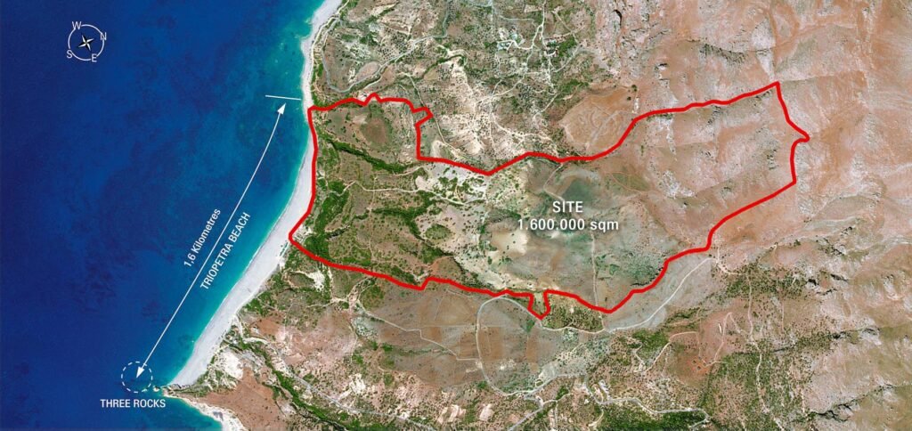 Aerial view shows the massive 1,600,000 square meter site outlined for the Triopetra Bay Resort development, stretching inland from the pristine Triopetra Beach coastline in south Rethymno, Crete. Photo Credit: www.emeralddevelopments.gr