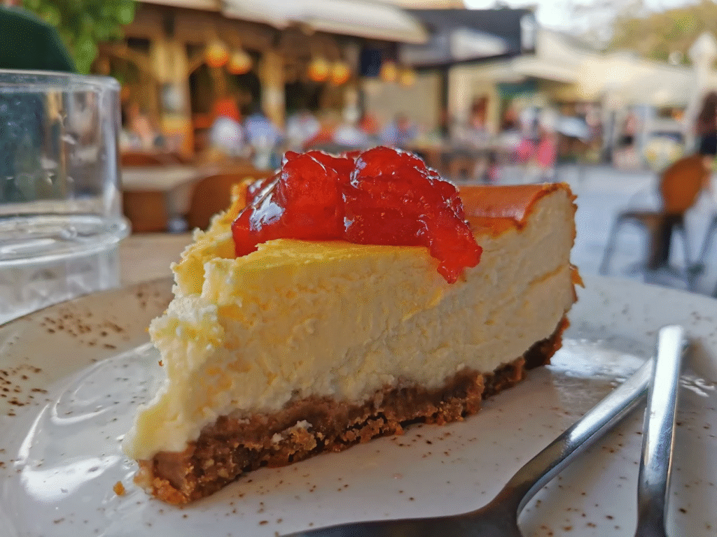 A delicious slice of cheesecake from Crumb Healthy Living Bakery, where Greece's first fully specialized healthy bakery proves that dietary-conscious desserts can be just as indulgent and satisfying as traditional treats.