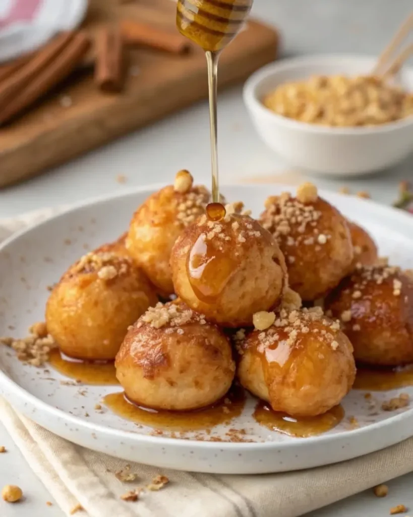 Fresh loukoumades drizzled with golden honey and sprinkled with crushed walnuts, served piping hot for the perfect sweet indulgence.