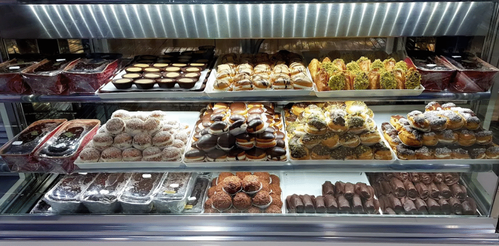 The impressive pastry display at Perathōrákēs in Chania featuring chocolate-dipped donuts, pistachio-topped éclairs, tiramisu, and coconut-dusted treats that have made this family-run pastry shop a beloved local fixture for decades.