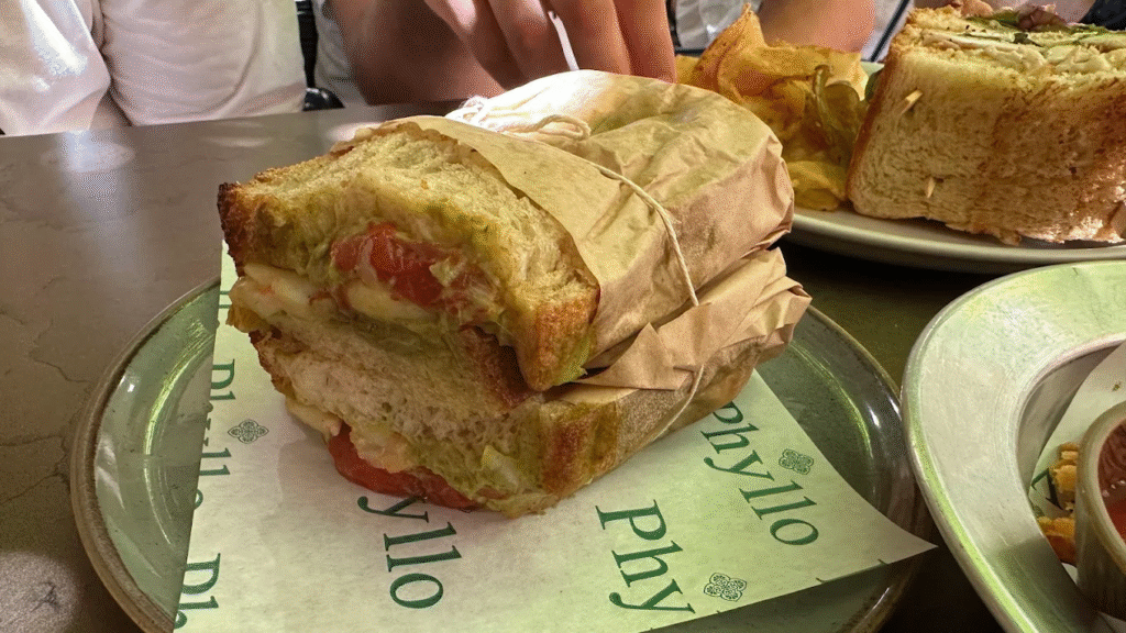 A hearty sandwich from Phyllo Chania filled with fresh mozzarella, tomatoes, and greens on their signature handmade bread. Photo Credit: Giannis Panagiotopoulos