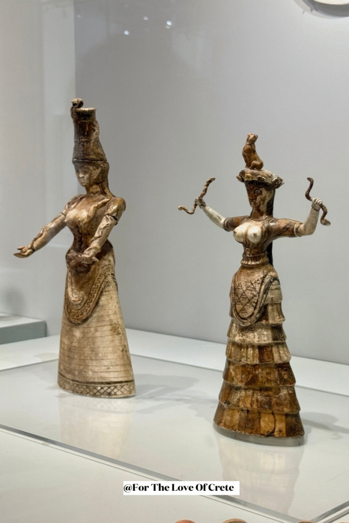 The snake goddess figurines: iconic, striking, and part ancient fragment, part modern imagination.
