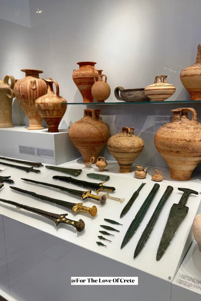 Minoan bronze swords and daggers at the Heraklion Archaeological Museum, proof that the 'peaceful paradise' was more complicated than Evans imagined.