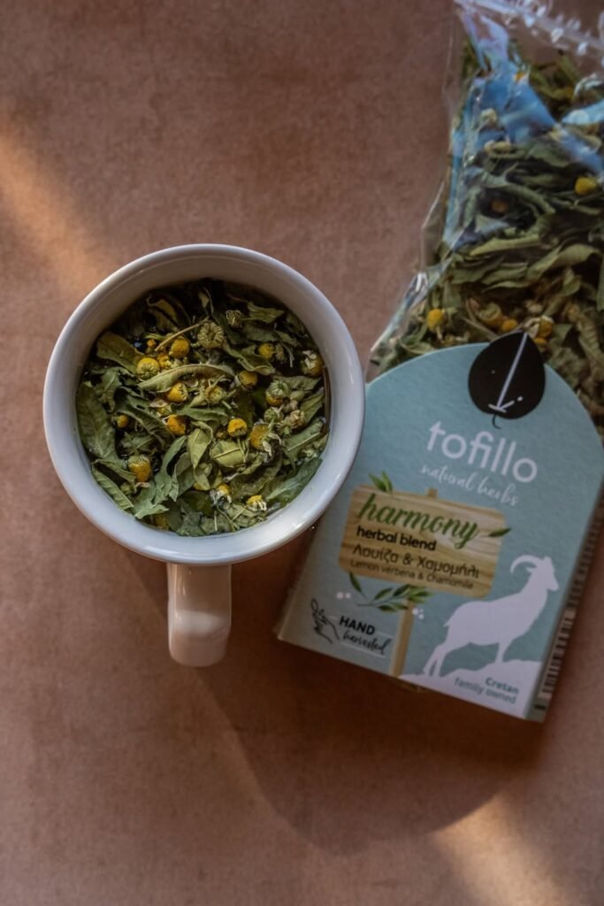 Tofillo's "Harmony" herbal blend combining lemon verbena (louíza) and chamomile, two beloved Greek herbs that create a calming, aromatic tea perfect for unwinding after a long day. 